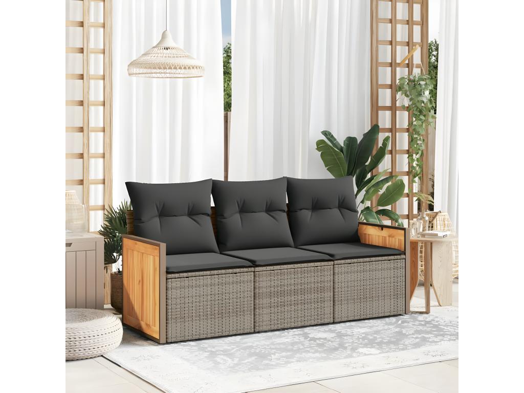 Salon de jardin avec coussins 3 pcs gris résine tressée EAVQ98418