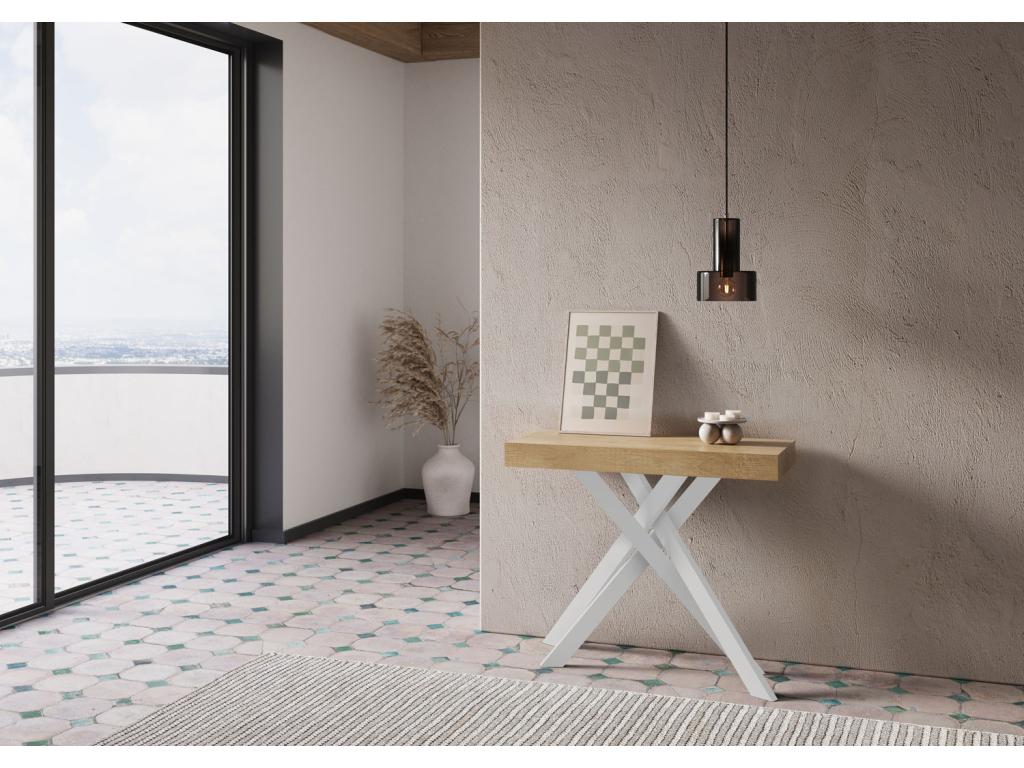 Console extensible 90x40/300 cm Mobenze chêne nature pieds blancs ZAKR20199