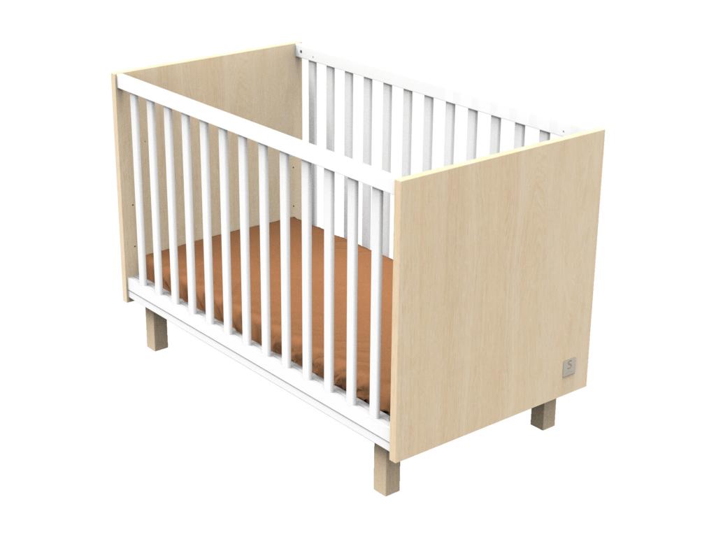 Lit bébé 120x60 avec pieds décor chêne Mobenze et balustres blancs JHOM17689