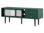 Meuble TV 160cm avec 2 portes coulissantes en rotin et 2 tiroirs utilitaires - pieds en Mobenze massif doré - vert KJXG58920