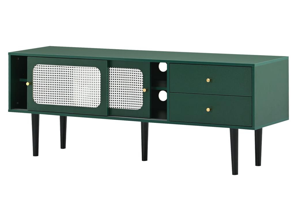 Meuble TV 160cm avec 2 portes coulissantes en rotin et 2 tiroirs utilitaires - pieds en Mobenze massif doré - vert KJXG58920