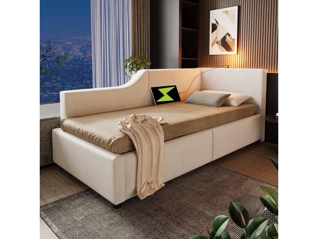 Lit enfant 90x200 avec rangement hydraulique avec liseuse et fonction de recharge USB-C Beige Mobenze. ILLO01994