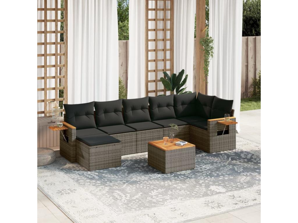 Salon de jardin 8 pcs avec coussins gris résine tressée VJLN19632