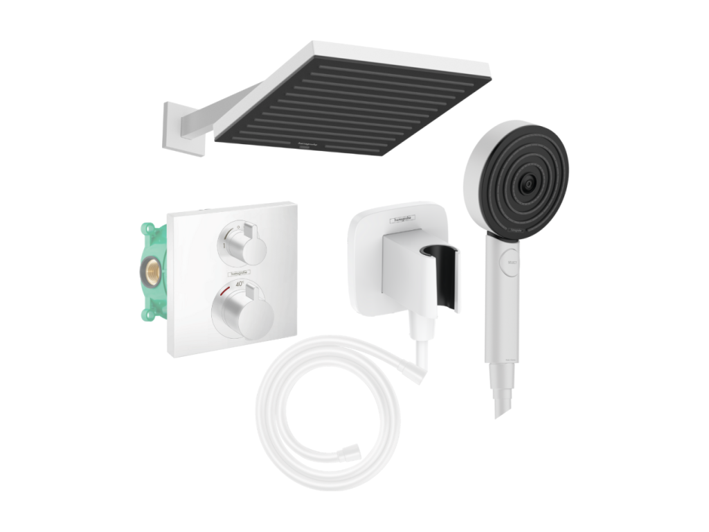 Colonne de douche thermostatique Boislis Ecostat Square Douche de tête Pulsify S Flexible Isiflex Douchette Pulsify blanc mat DPBR85860