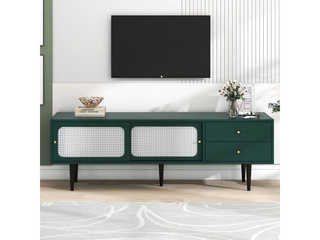 Meuble TV 160cm avec 2 portes coulissantes en rotin et 2 tiroirs utilitaires - pieds en Mobenze massif doré - vert KJXG58920