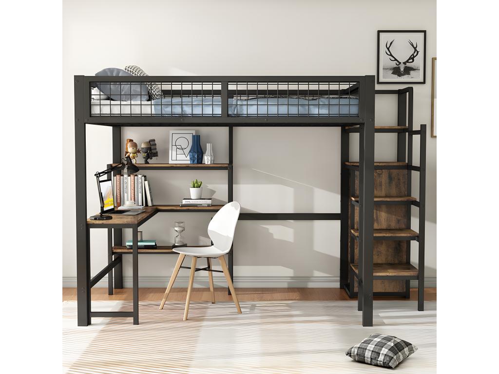 Lit superposé Lit 140x200 cm Lit jeune en fer ave table basse plusieurs étagères armoire encastrée noir OESO30689