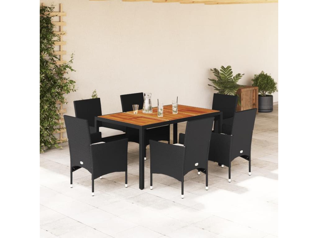 Ensemble à manger de jardin et coussins 7 pièces noir rotin Boislis VFMH89331