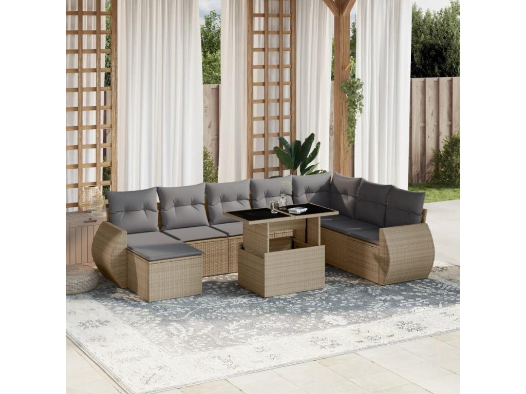 Salon de jardin avec coussins 9 pièces beige résine tressée WXSW45213