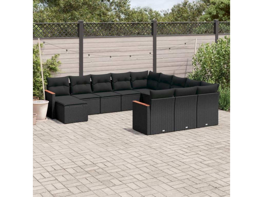 Salon de jardin 12 pcs avec coussins noir résine tressée QWCB23777