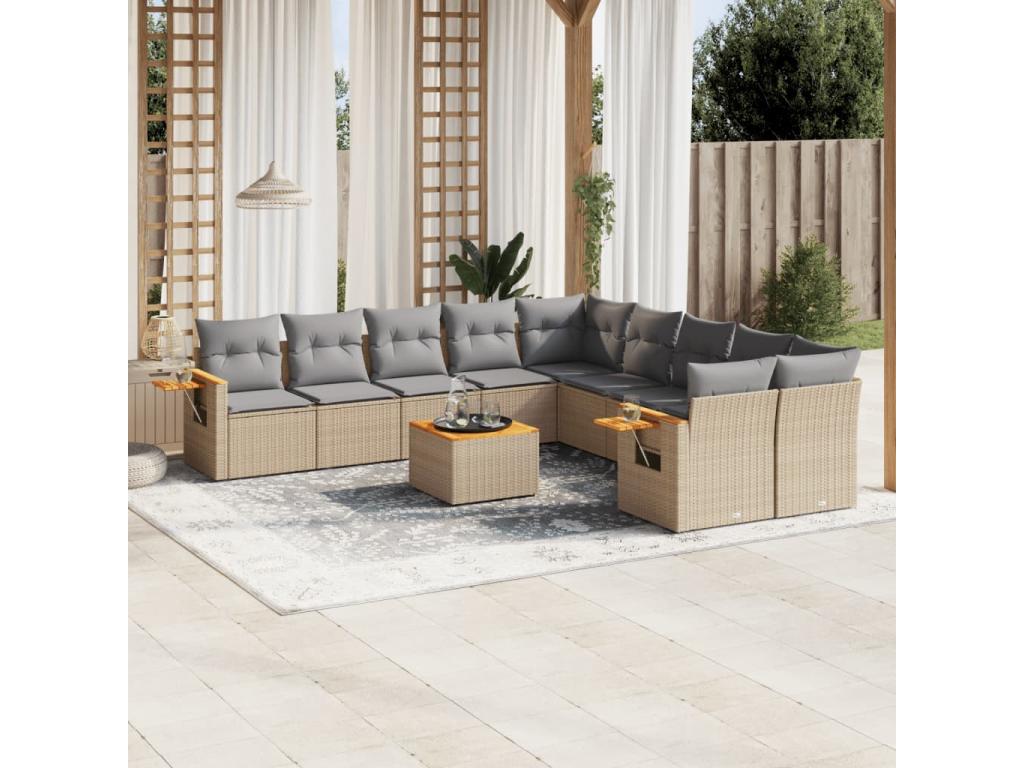 Salon de jardin 11 pcs avec coussins beige résine tressée ALKZ30392
