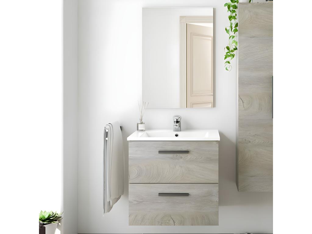 Meuble sous vasque 60 cm vasque miroir Chêne - Mobenze KDVL24131