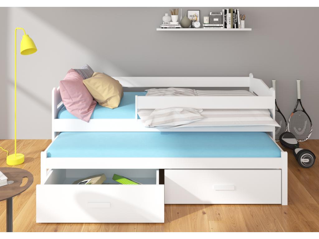 Lit gigogne blanc et gris clair 2 couchages 90x200 avec 2 coffres de rangement Mobenze UBXU08029