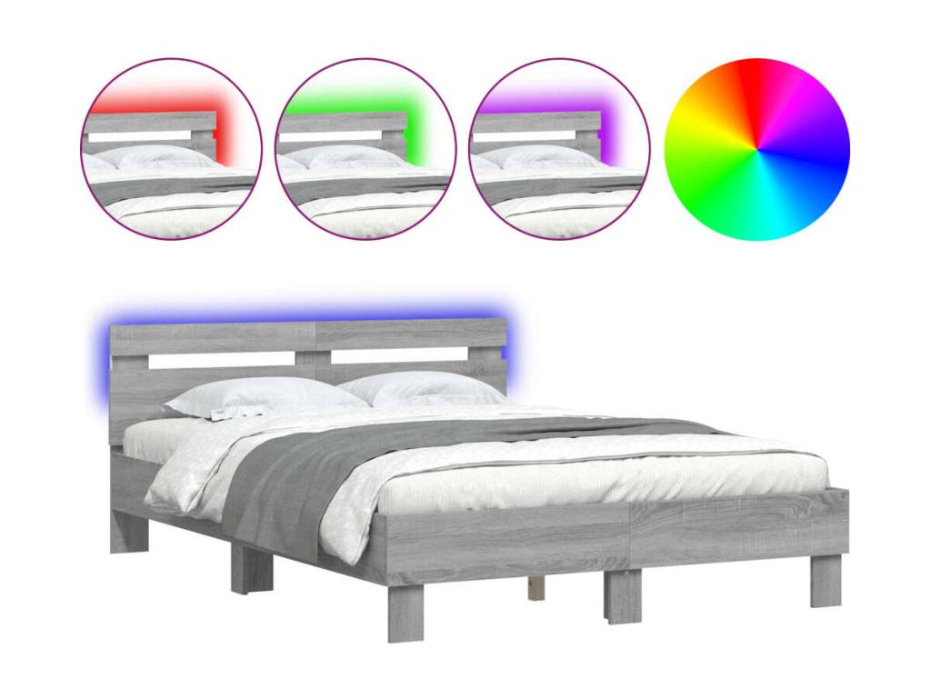Cadre de lit avec tête de lit et LED Boislis gris 135x190 cm TGLT08975