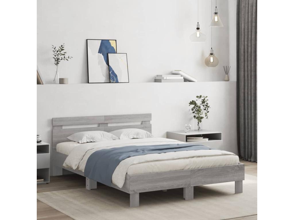 Cadre de lit avec tête de lit et LED Boislis gris 135x190 cm TGLT08975