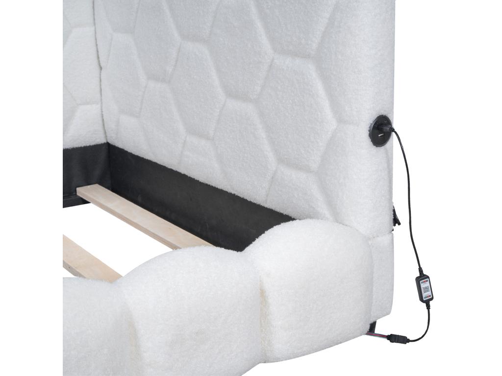 Lit capitonné 90x200 cm avec tête de lit pour enfant - Port LED USB - Bois MDF - Blanc DOMA64258