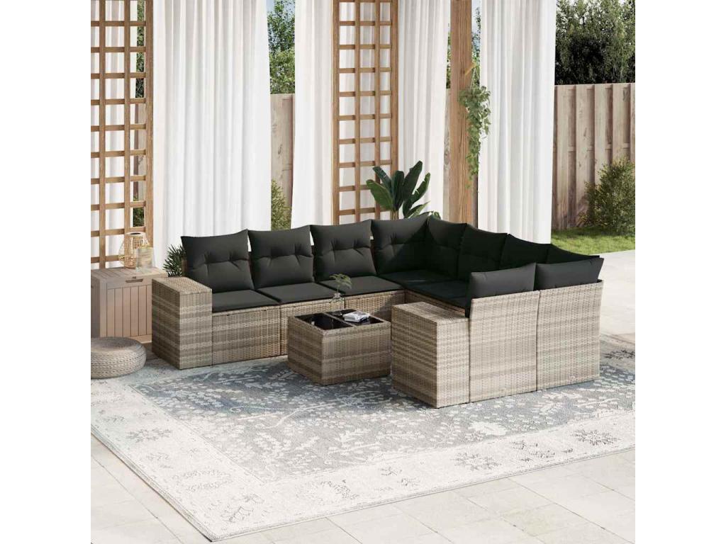 Salon de jardin 9 pcs avec coussins gris clair résine tressée HIWN03293
