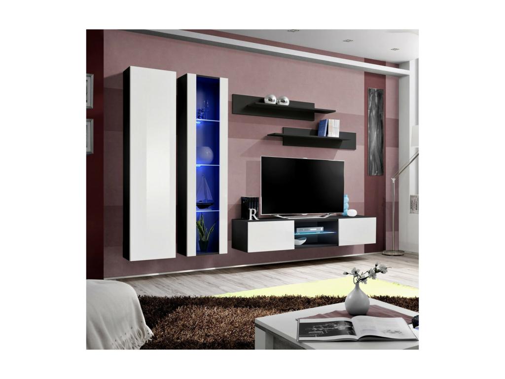 Ensemble Meuble TV Mobenze O4 avec LED- Coloris noir et blanc- Meuble suspendu design pour votre salon. JLMU67707