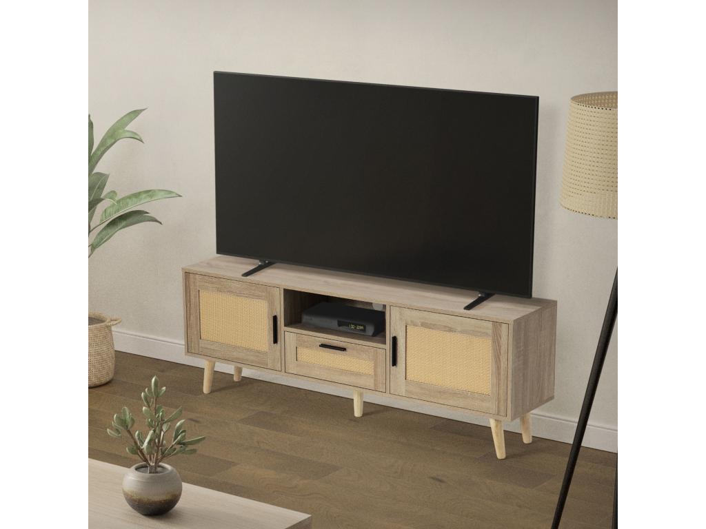 Commode TV 140 cm armoire de téléMobenze en rotin effet chêne pieds Mobenze massif UUSO10390