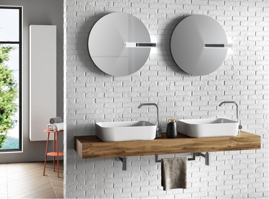 Ensemble meuble de salle de bain chêne clair double vasque et miroirs à LED Kyo L 165cm VULC67645