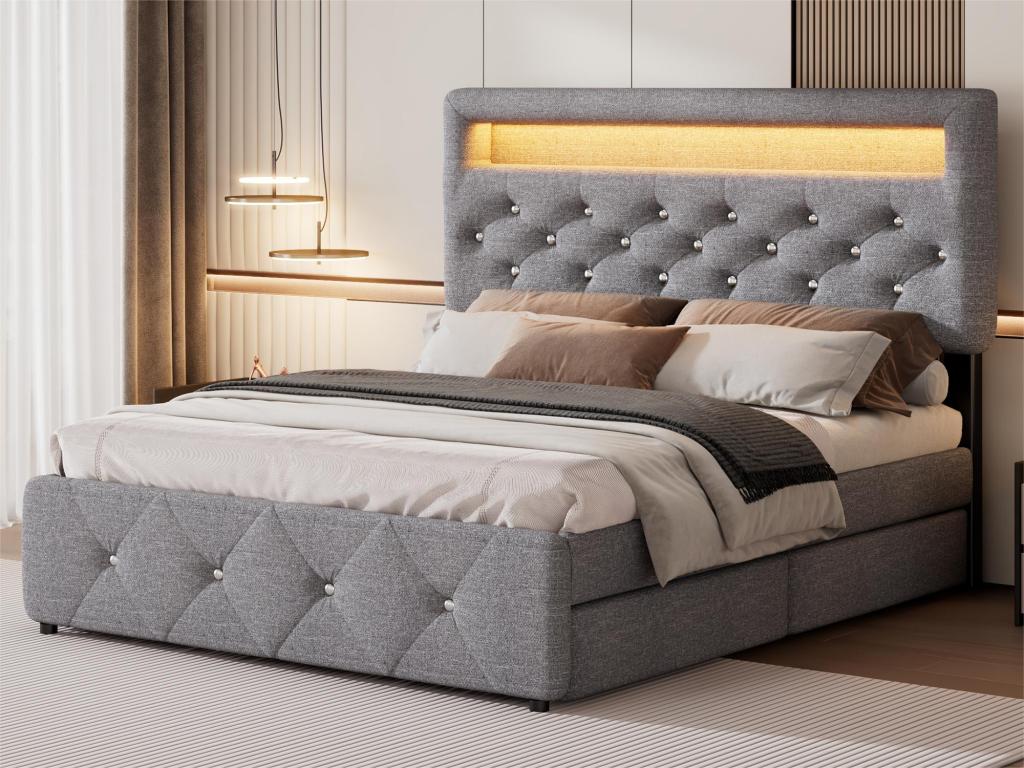 Lit adulte rembourré 140x200cm avec LED - avec un lit gigogne et 2 tiroirs - Tissu en Lin - Gris MRRM88002