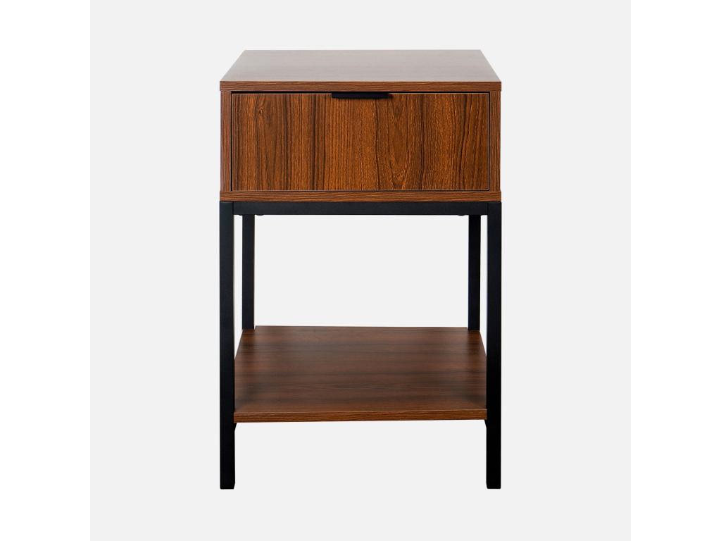 Table de chevet coloris noyer avec pieds et poignée en métal noir - 1 tiroir et 1 étagère HIEF90418
