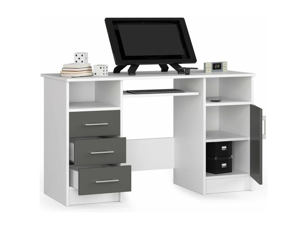 bureau Mobenze 1 porte 3 tiroirs façade gris 5 étagères 124x52x74 cm FVQR17506