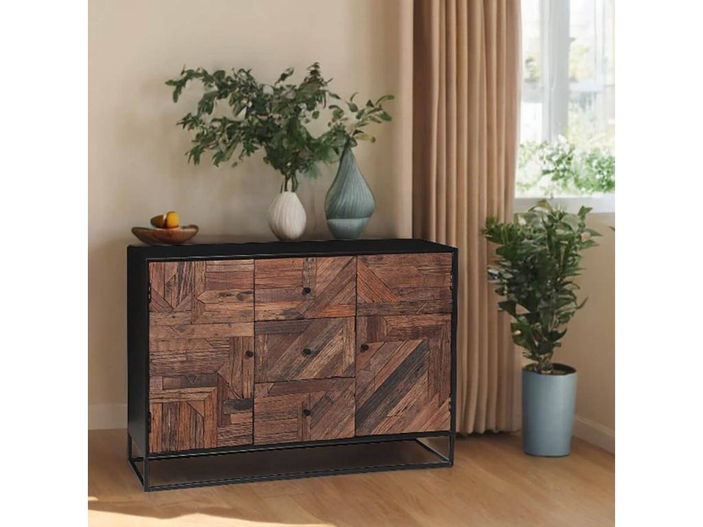 Mobenze - Buffet 2 Portes 3 Tiroirs en Métal Noir et Mobenze Recyclé POBJ40378